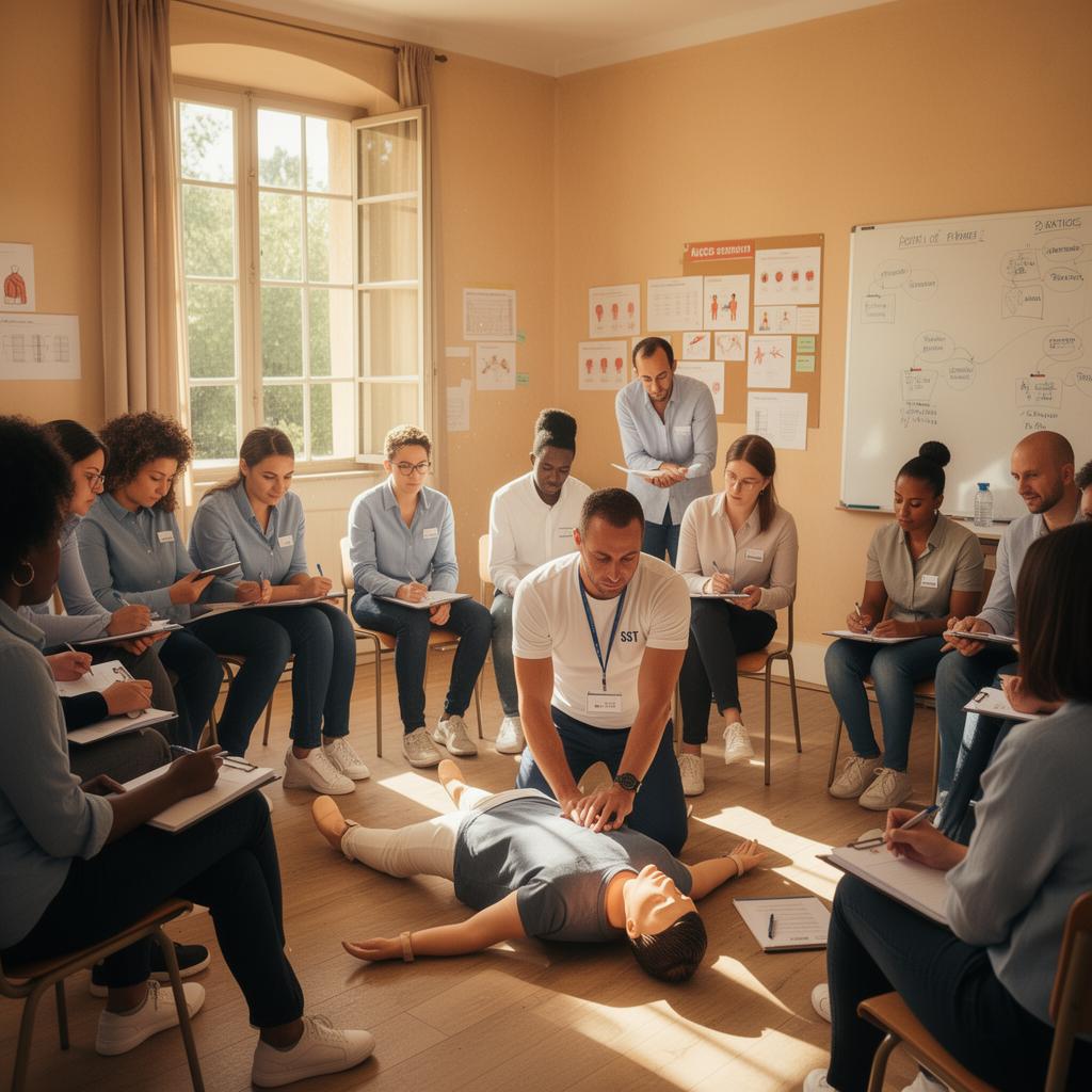 Formation SST 2026 en PACA - Stagiaires en gilets de sécurité pratiquant les gestes de premiers secours avec mannequin