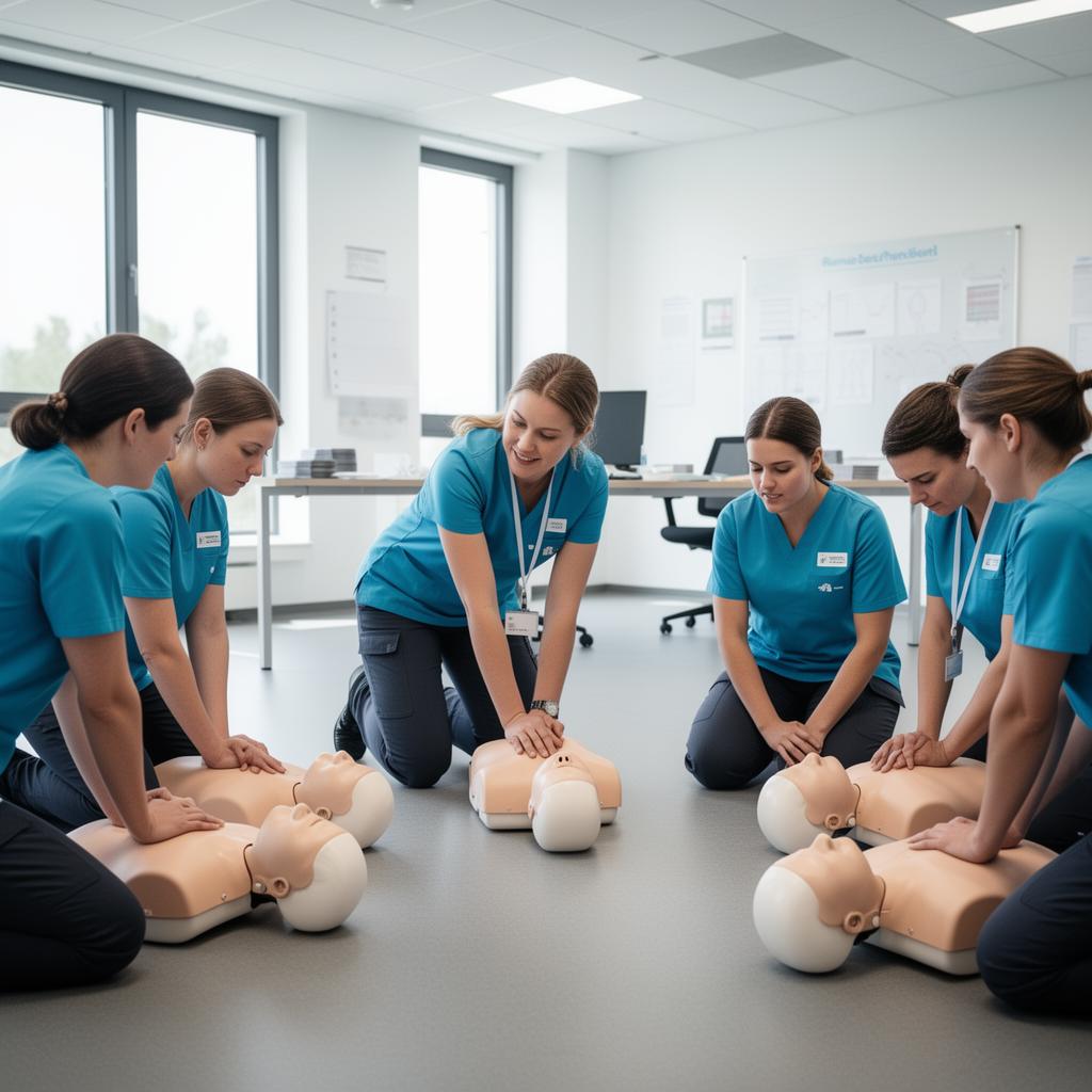 Étudiants en formation professionnelle pratiquant les gestes de premiers secours SST sur mannequin en salle de cours